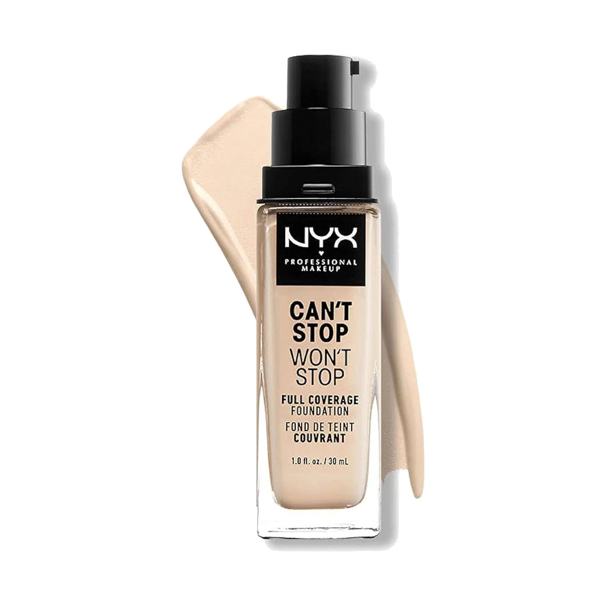 Fond de teint NYX Can't Stop Won't Stop 30 ml, teinte 01 Pale, sur fond blanc