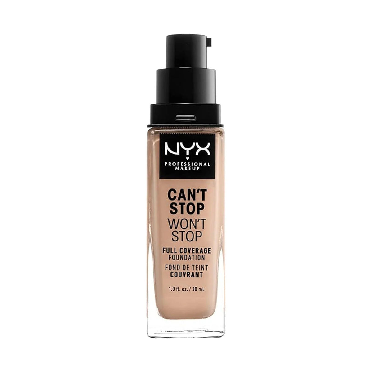 Fond de teint NYX Can't Stop Won't Stop 30 ml, teinte 05 Light, sur fond blanc