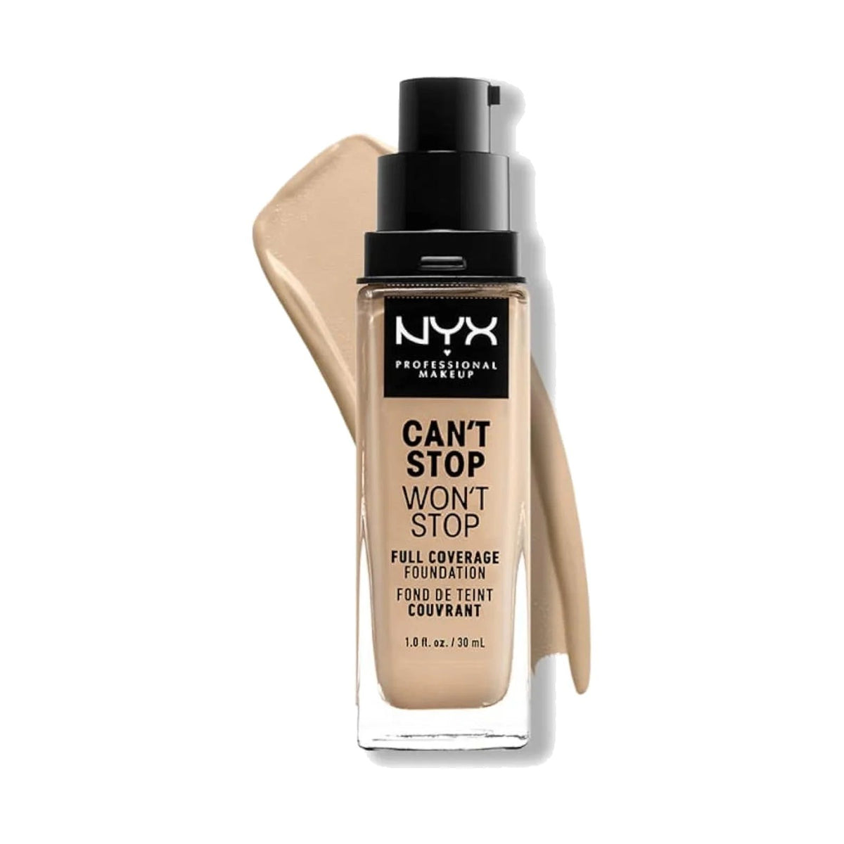 Fond de teint NYX Can't Stop Won't Stop 30 ml, teinte 06.3 Warm Vanilla, sur fond blanc