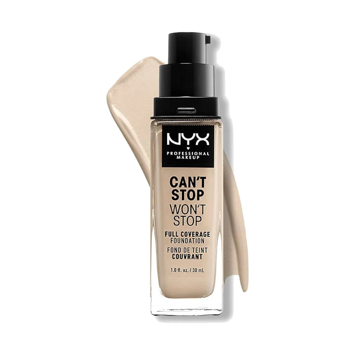 Fond de teint NYX Can't Stop Won't Stop 30 ml, teinte 1.5 Fair, sur fond blanc