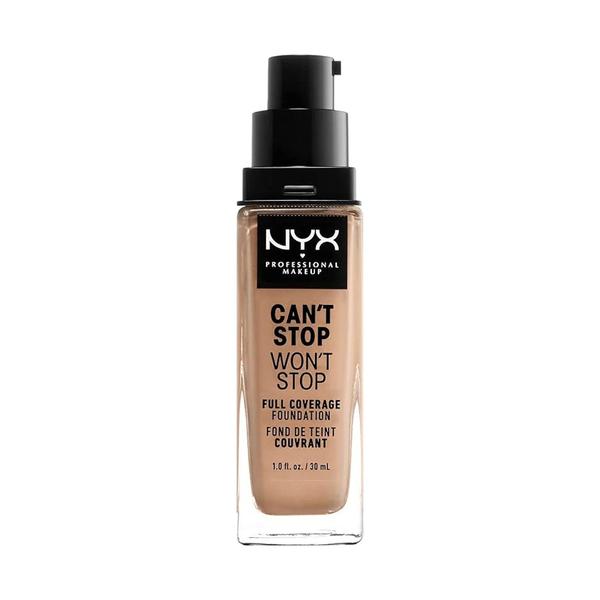 Fond de teint NYX Can't Stop Won't Stop 30 ml, teinte 10.5 Medium Buff, sur fond blanc