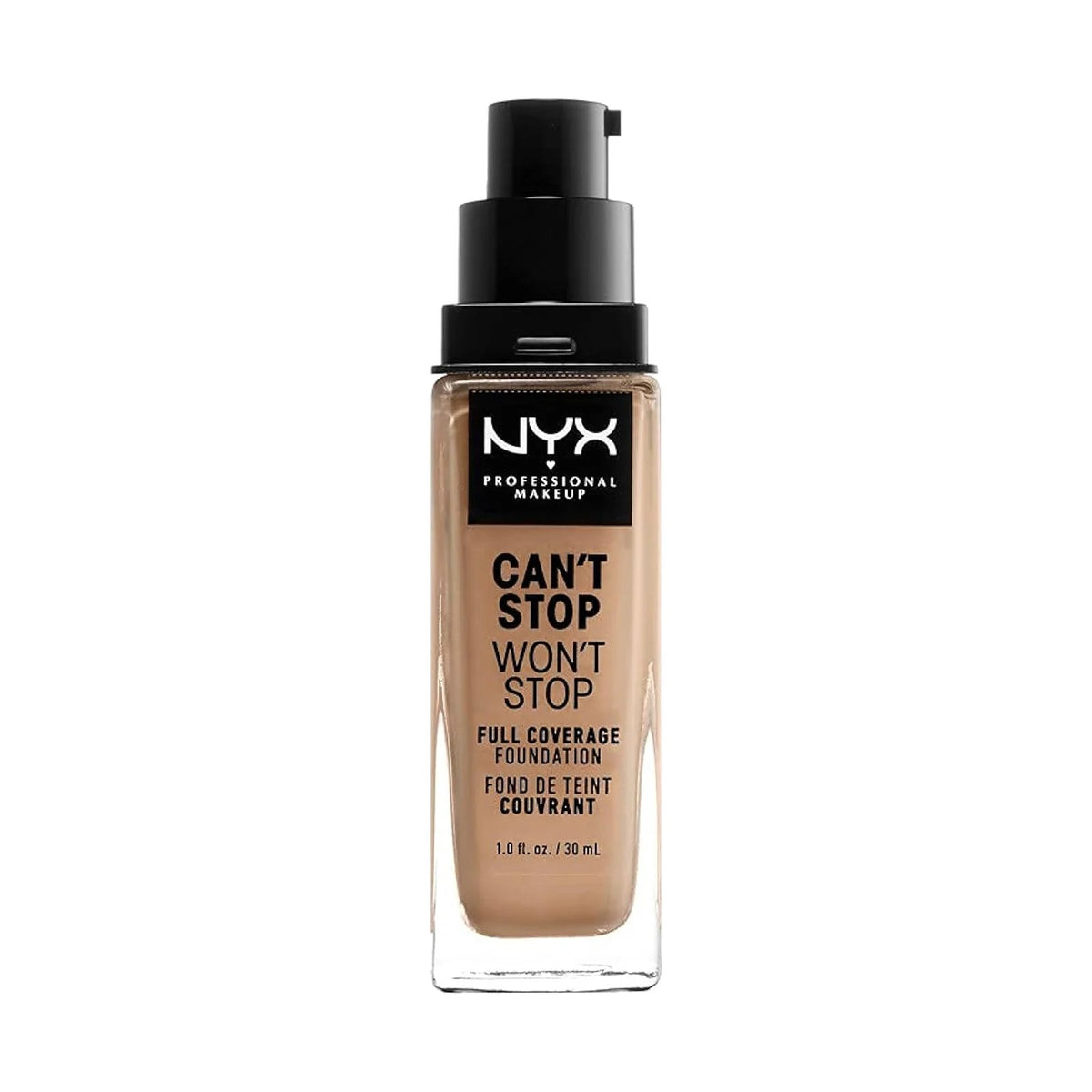 Fond de teint NYX Can't Stop Won't Stop 30 ml, teinte 12 Classic Tan, sur fond blanc