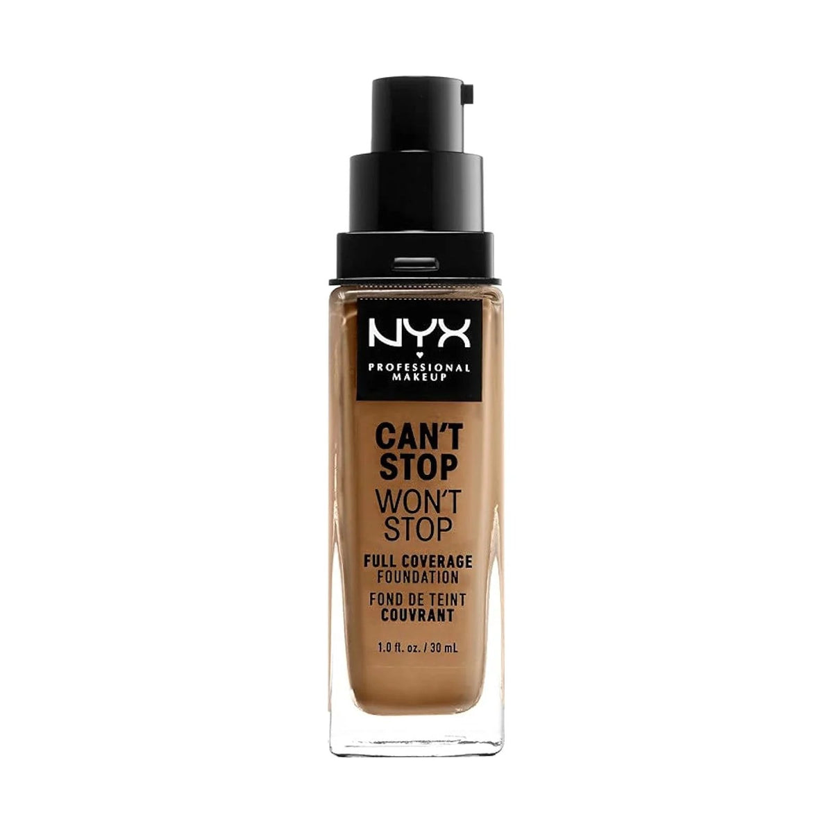 Fond de teint NYX Can't Stop Won't Stop 30 ml, teinte 13 Golden, sur fond blanc