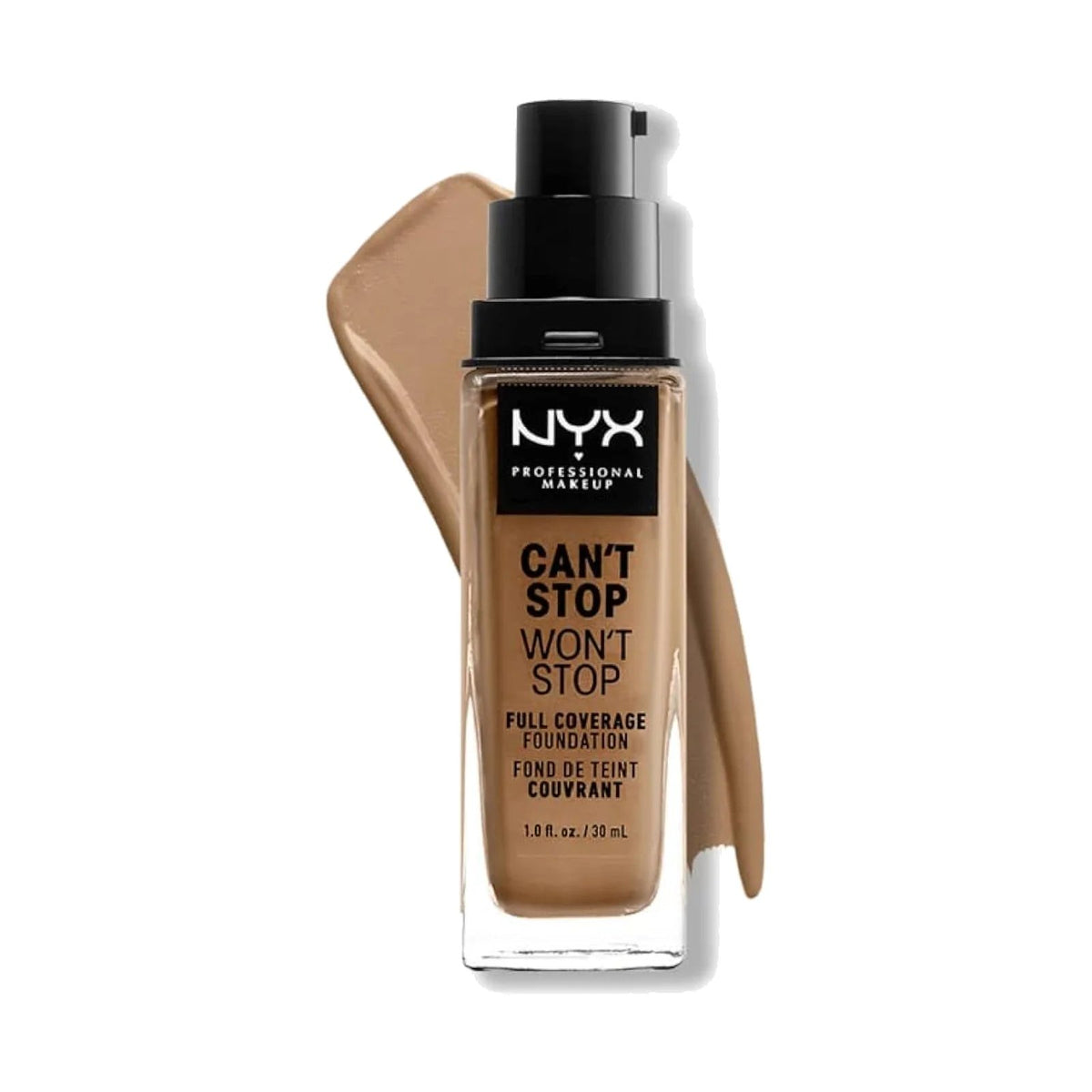 Fond de teint NYX Can't Stop Won't Stop 30 ml, teinte 15 Caramel, sur fond blanc