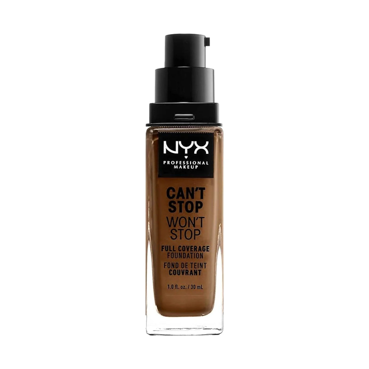 Fond de teint NYX Can't Stop Won't Stop 30 ml, teinte 17.5 Sienna, sur fond blanc