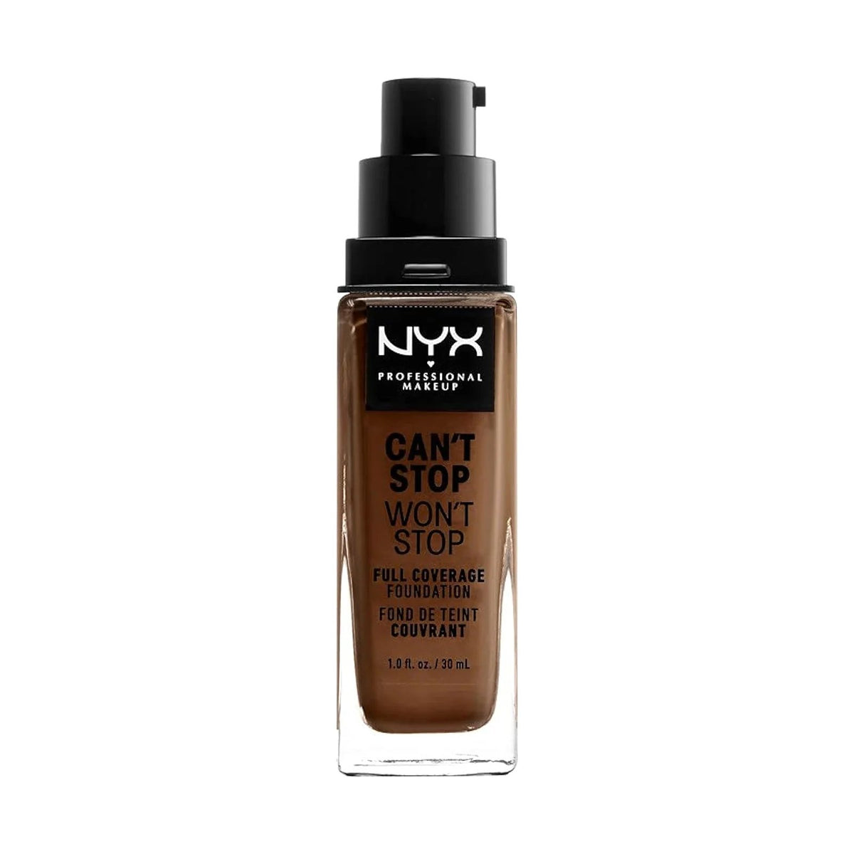 Fond de teint NYX Can't Stop Won't Stop 30 ml, teinte 21 Cocoa, sur fond blanc