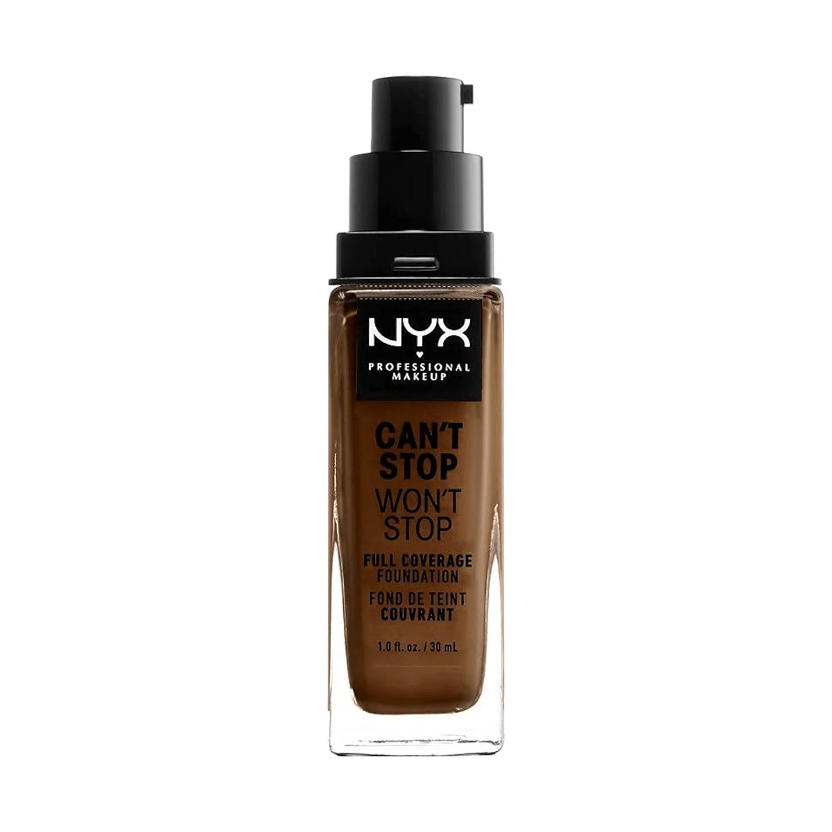 Fond de teint NYX Can't Stop Won't Stop 30 ml, teinte 22.3 Walnut, sur fond blanc