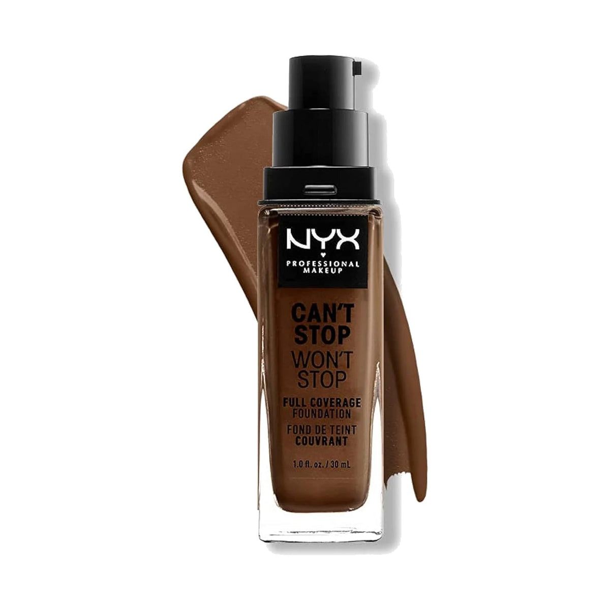 Fond de teint NYX Can't Stop Won't Stop 30 ml, teinte 22 Deep, sur fond blanc