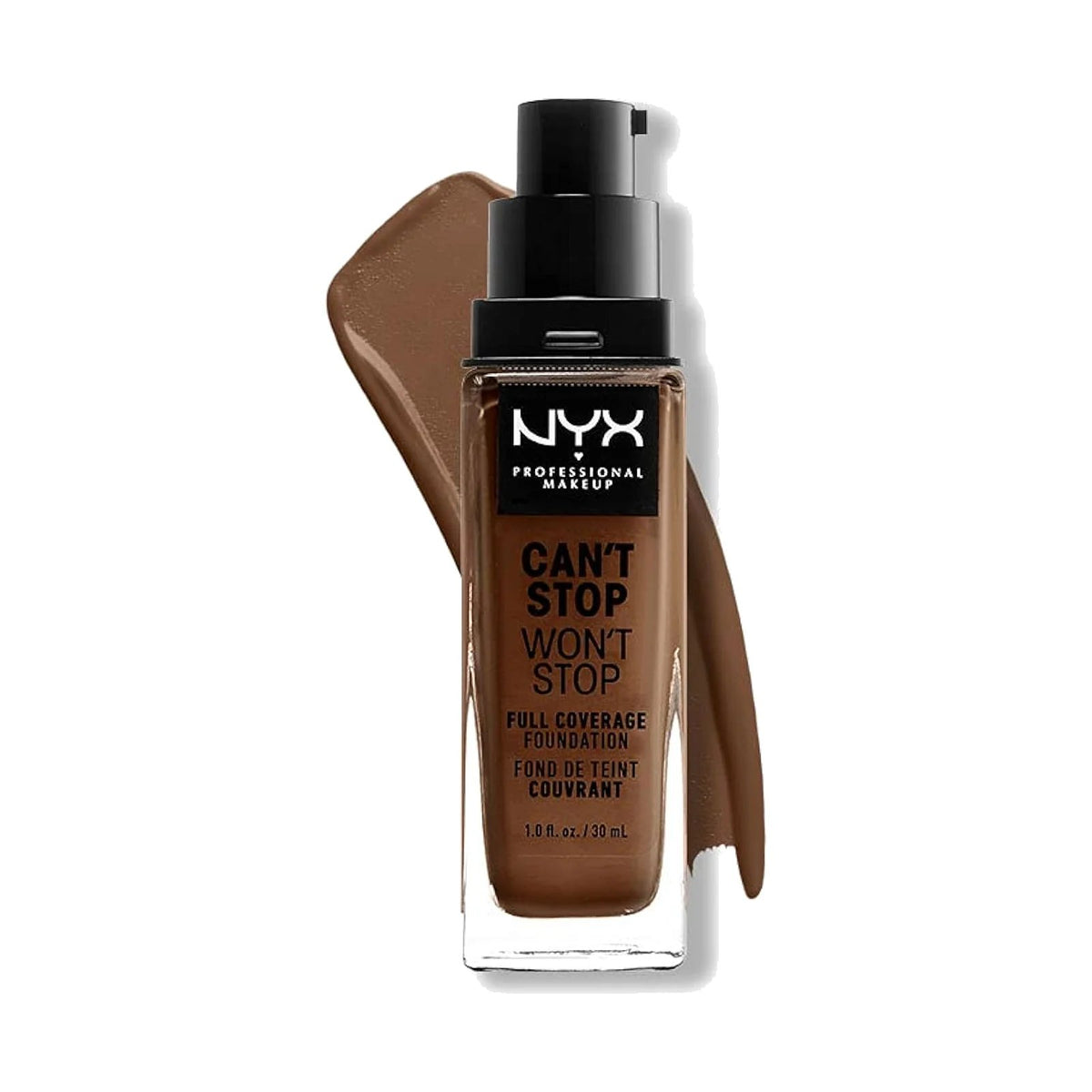 Fond de teint NYX Can't Stop Won't Stop 30 ml, teinte Deep Rich, sur fond blanc