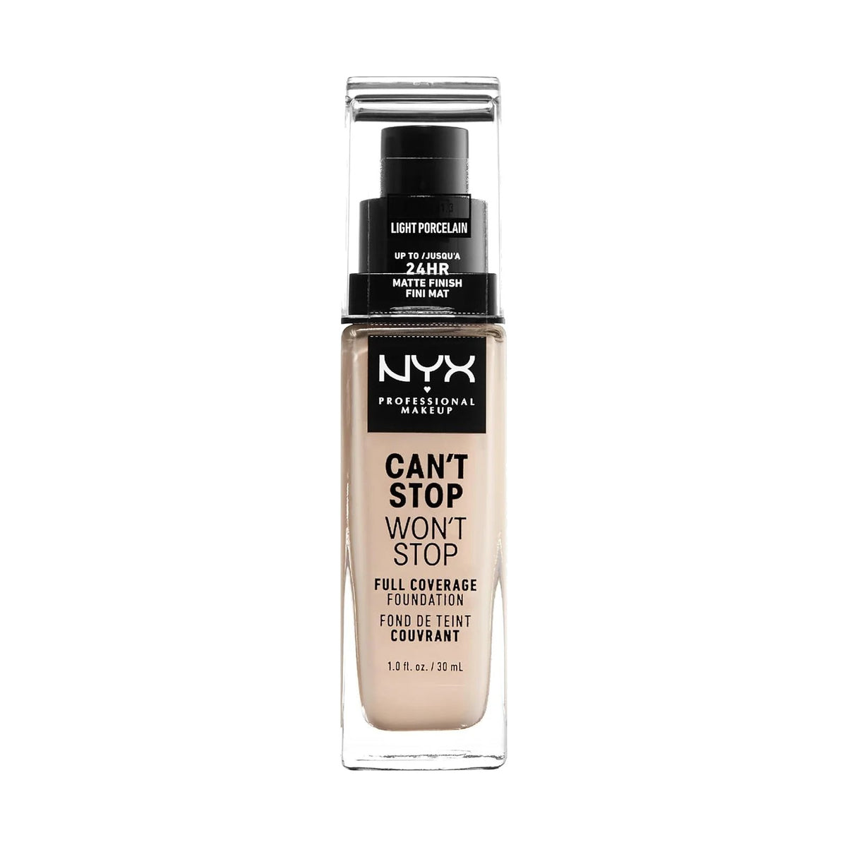 Fond de teint NYX Can't Stop Won't Stop 30 ml, teinte Light Porcelain, sur fond blanc