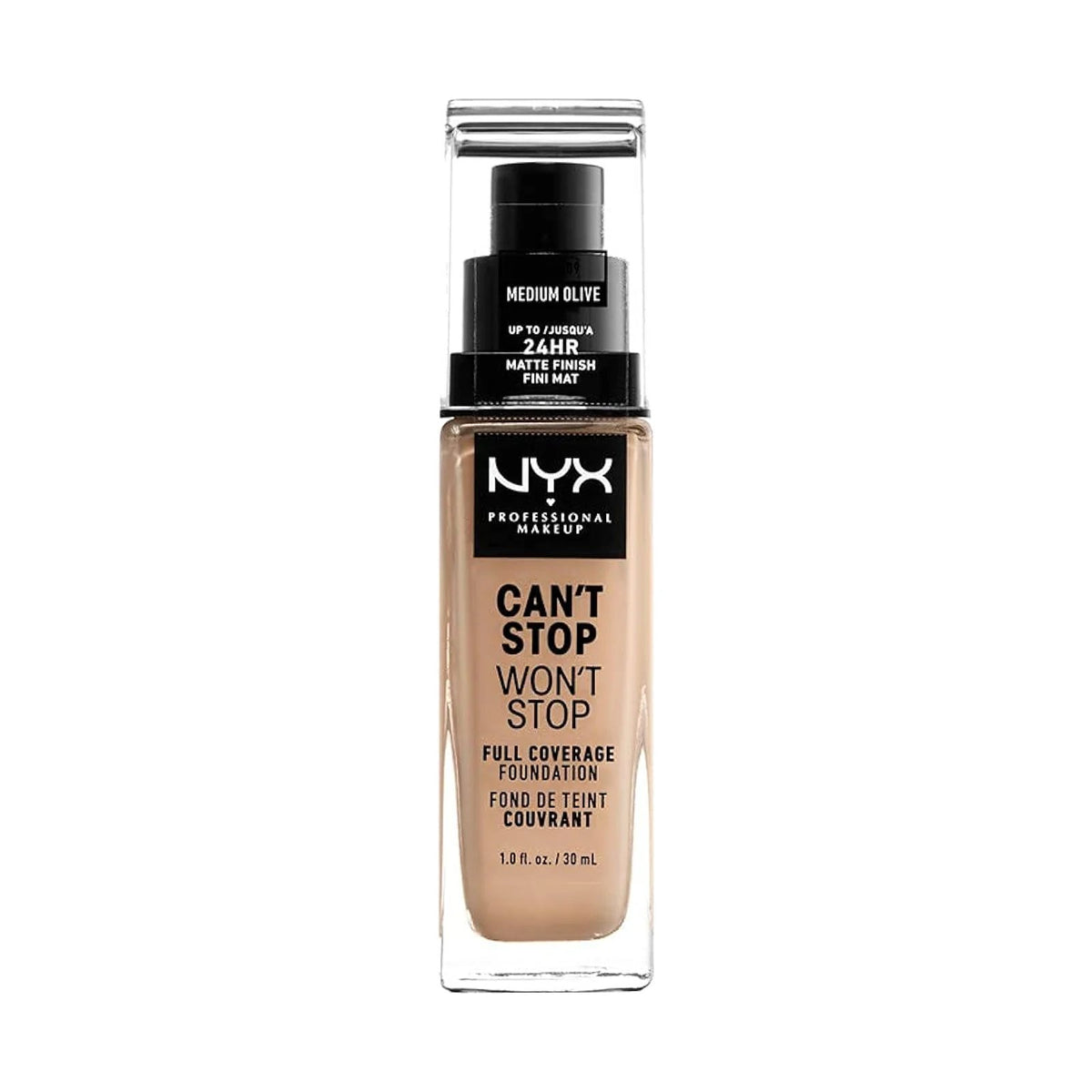 Fond de teint NYX Can't Stop Won't Stop 30 ml, teinte Medium Olive, sur fond blanc