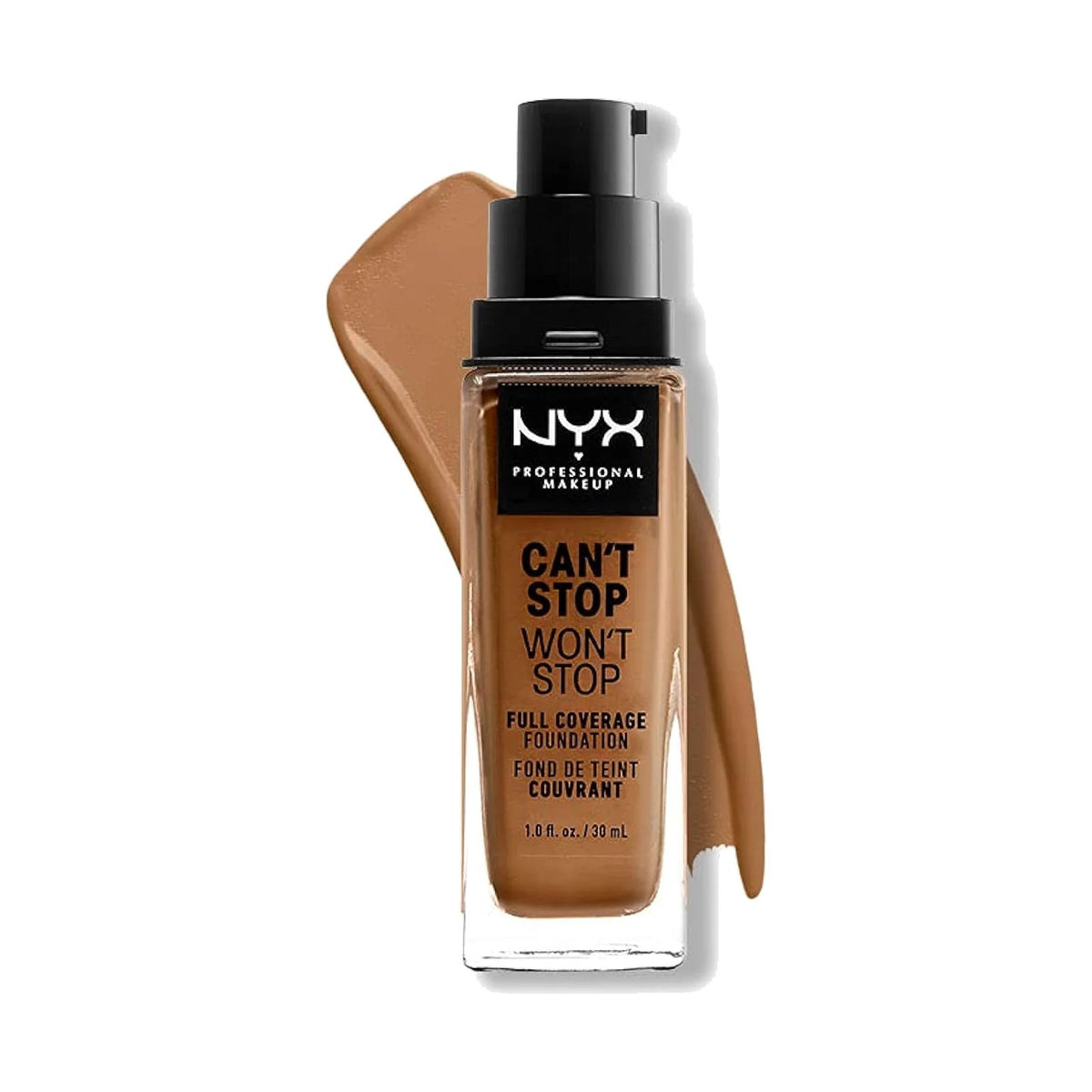 Fond de teint NYX Can't Stop Won't Stop 30 ml, teinte Medium Warm, sur fond blanc