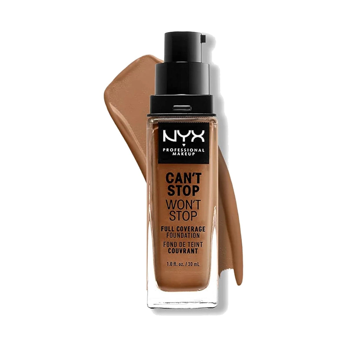 Fond de teint NYX Can't Stop Won't Stop 30 ml, teinte Warm Caramel, sur fond blanc