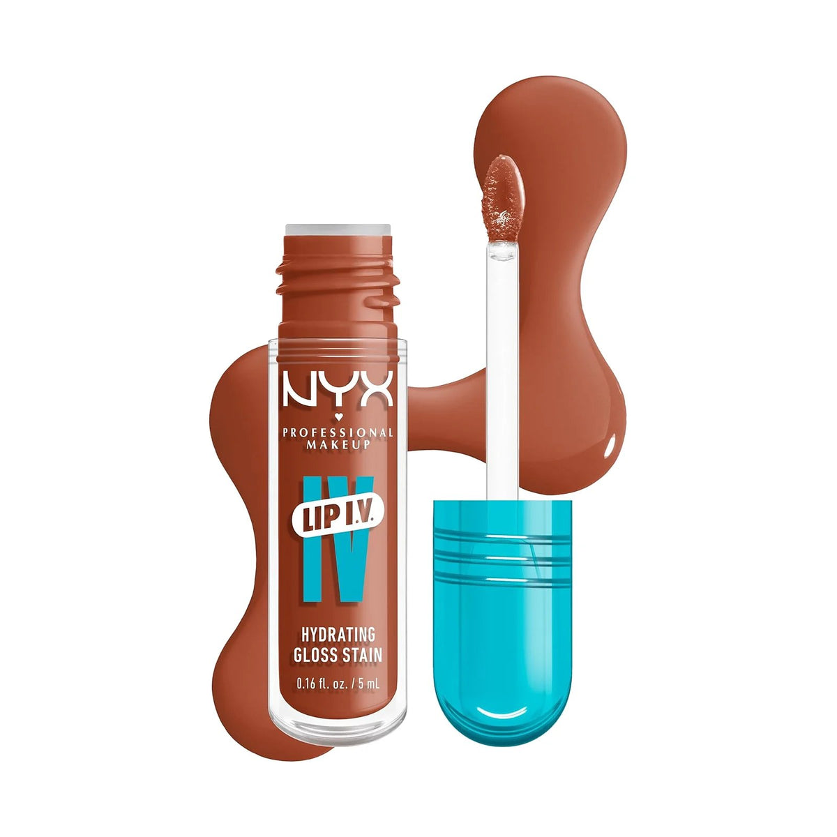Gloss teinté NYX Lip IV Hydrating Gloss Stain, teinte Caramel Drip, sur fond blanc