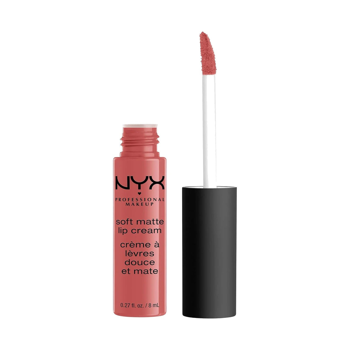 Rouge à lèvres liquide NYX Soft Matte Lip Cream, teinte 14 Zurich, sur fond blanc