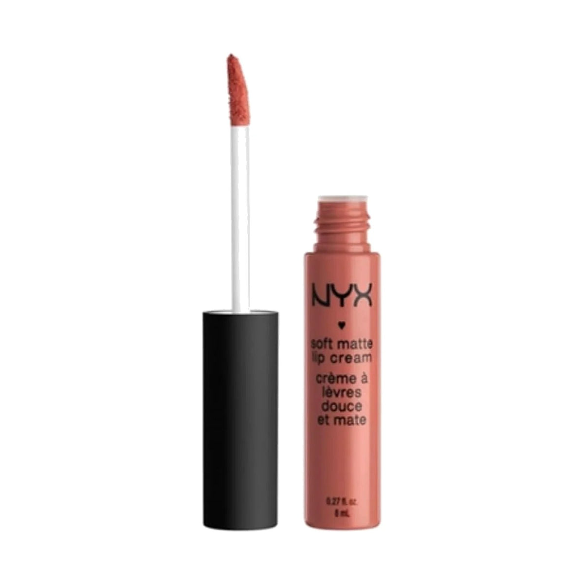 Rouge à lèvres liquide NYX Soft Matte Lip Cream, teinte 19 Cannes, sur fond blanc