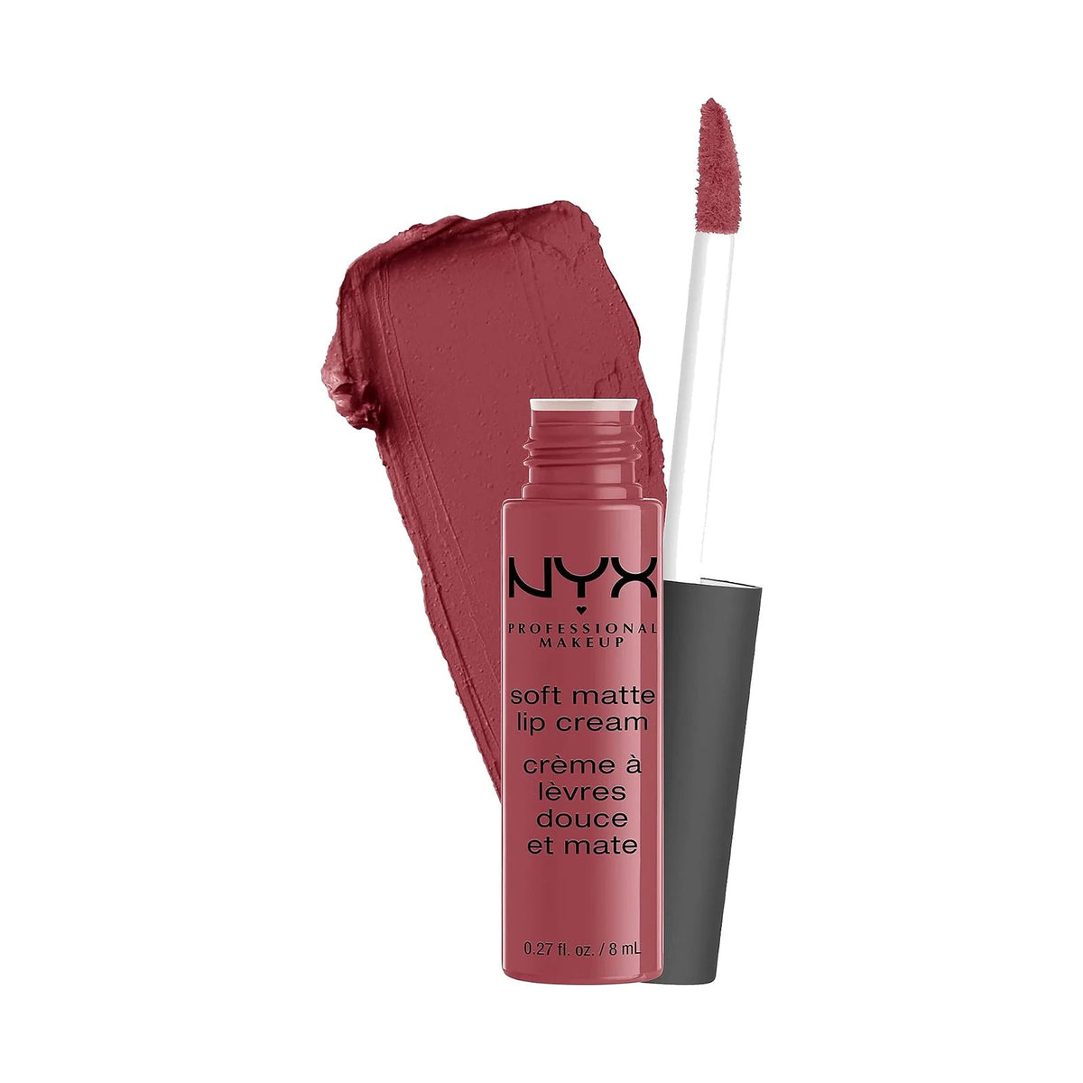 Rouge à lèvres liquide NYX Soft Matte Lip Cream, teinte 25 Budapest, sur fond blanc