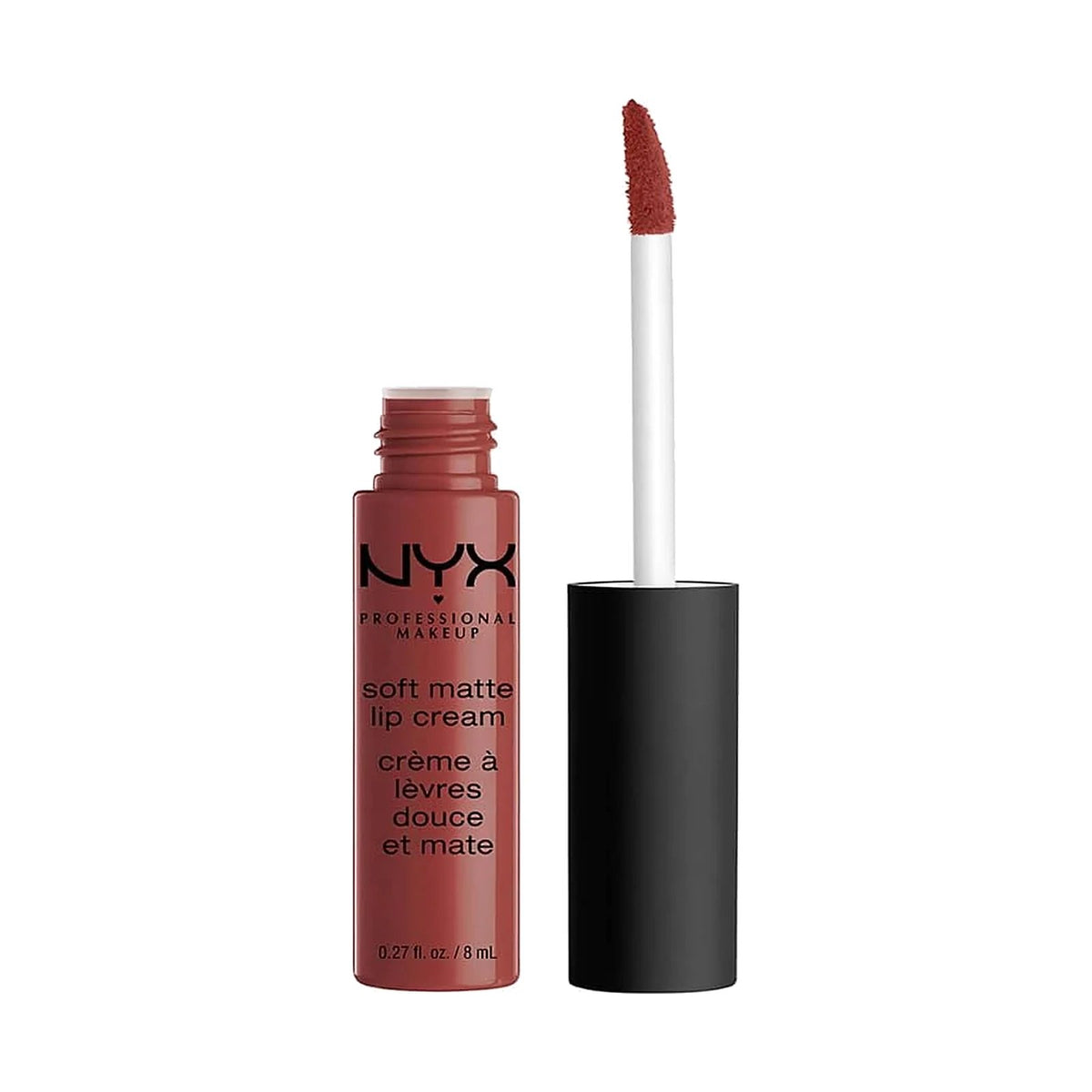 Rouge à lèvres liquide NYX Soft Matte Lip Cream, teinte Rome, sur fond blanc
