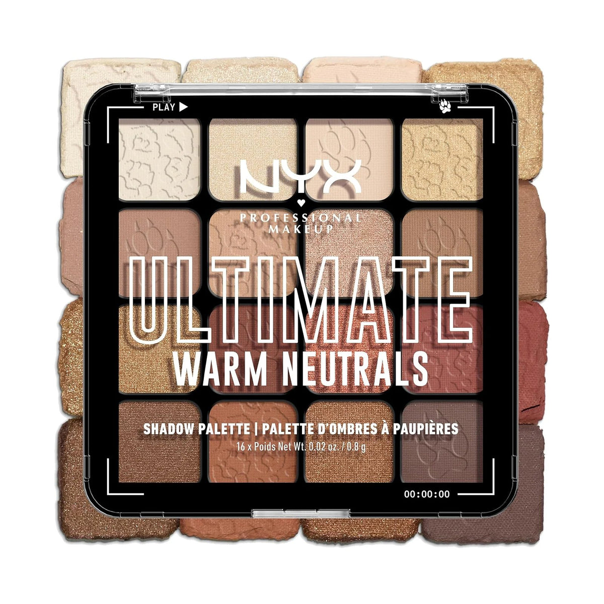 Palette de fards NYX Ultimate Shadow Palette ouverte, teinte 03 Warm Neutrals, sur fond blanc