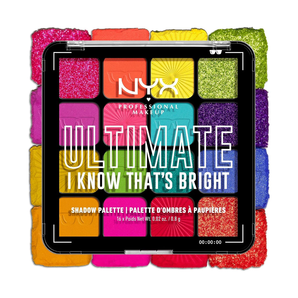 Palette de fards NYX Ultimate Shadow Palette ouverte, teinte 05 Brights, sur fond blanc