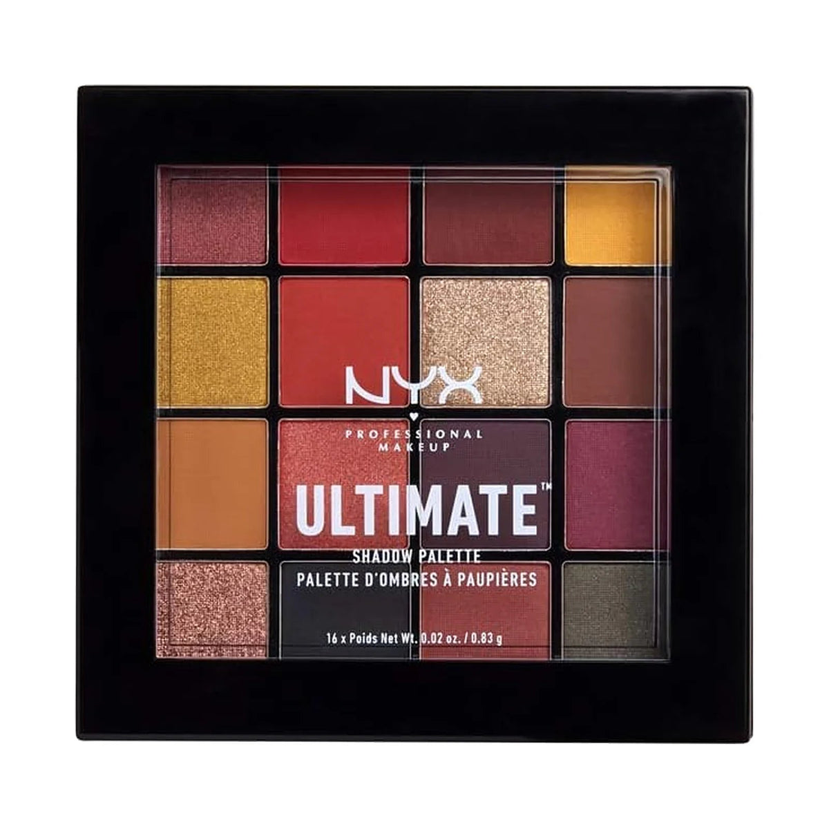 Palette de fards NYX Ultimate Shadow Palette ouverte, teinte 09 Phoenix, sur fond blanc