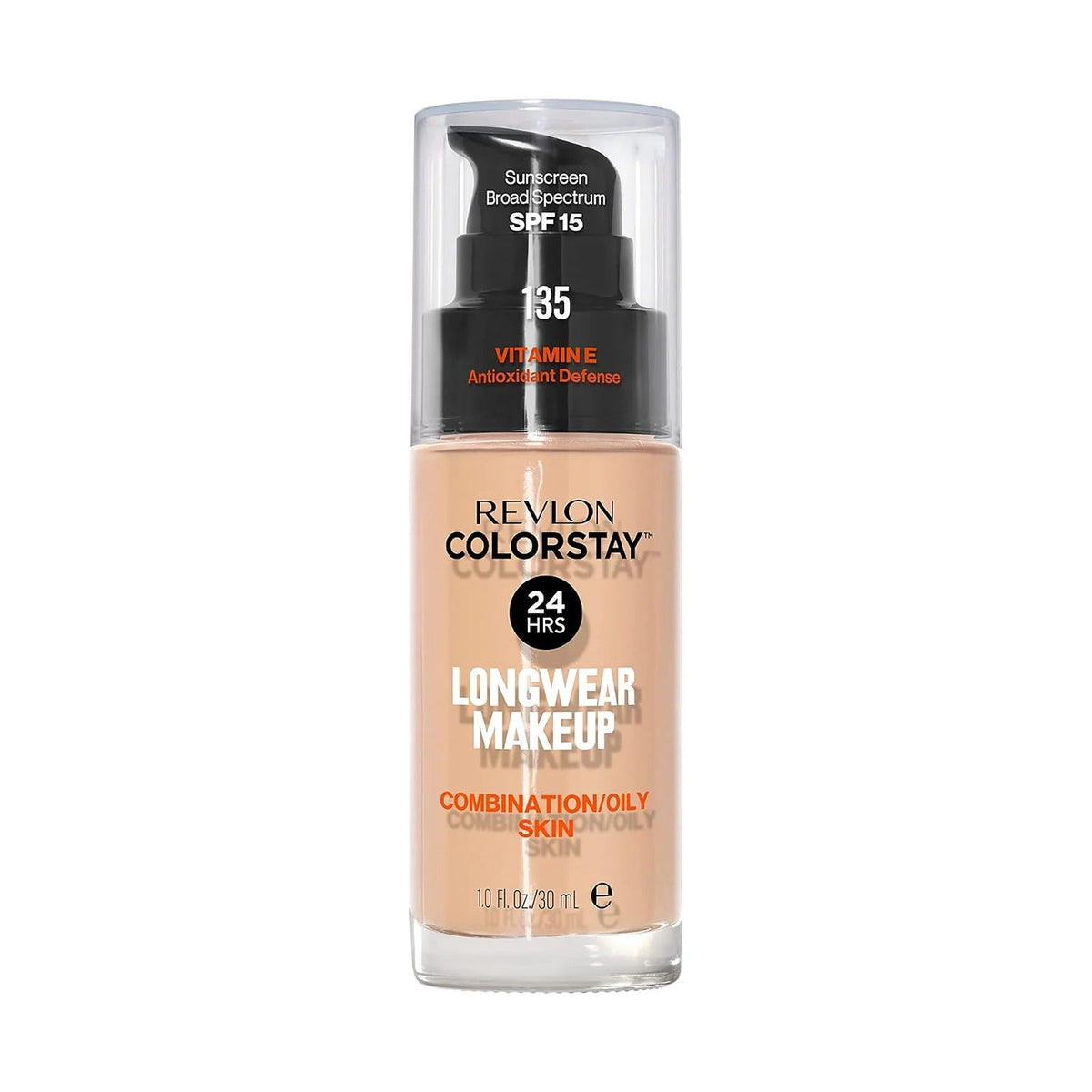 Fond de teint Revlon ColorStay peau mixte à grasse 30 ml, teinte 135 Vanilla, sur fond blanc