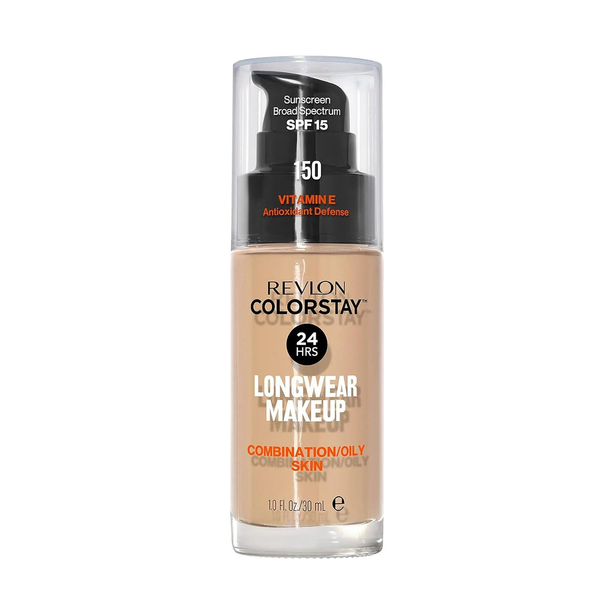 Fond de teint Revlon ColorStay peau mixte à grasse 30 ml, teinte 150 Buff, sur fond blanc