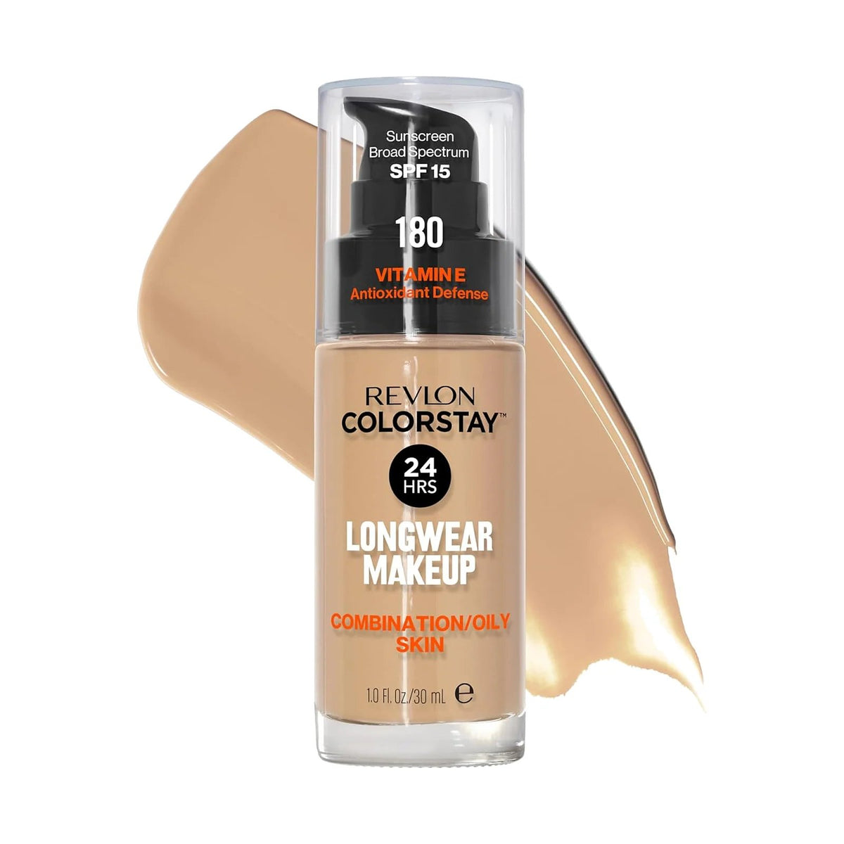 Fond de teint Revlon ColorStay peau mixte à grasse 30 ml, teinte 180 Sand Beige, sur fond blanc
