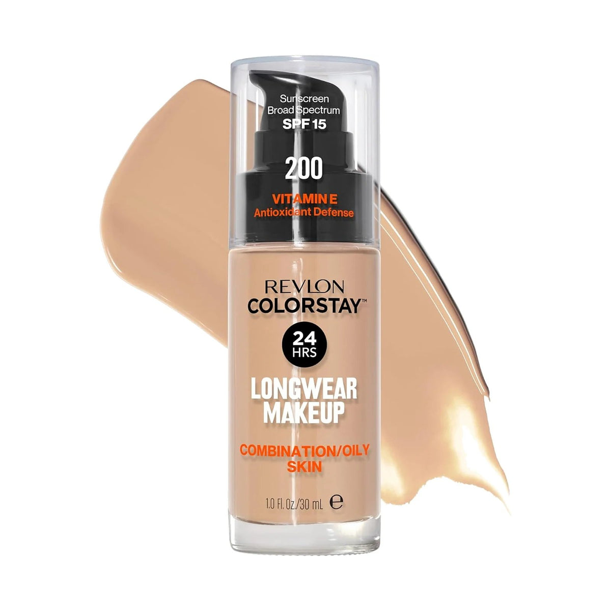 Fond de teint Revlon ColorStay peau mixte à grasse 30 ml, teinte 200 Nude, sur fond blanc