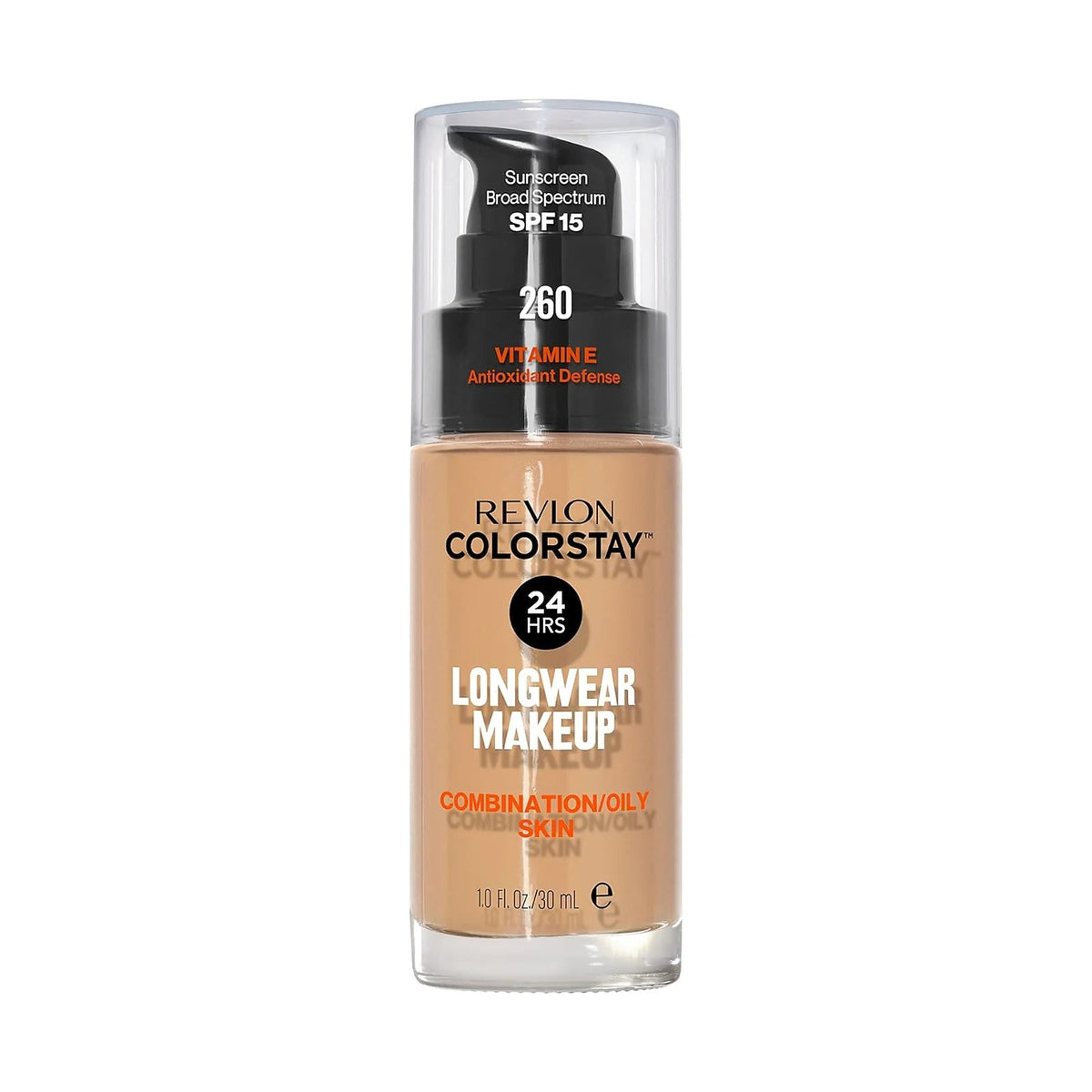 Fond de teint Revlon ColorStay peau mixte à grasse 30 ml, teinte 260 Light Honey, sur fond blanc