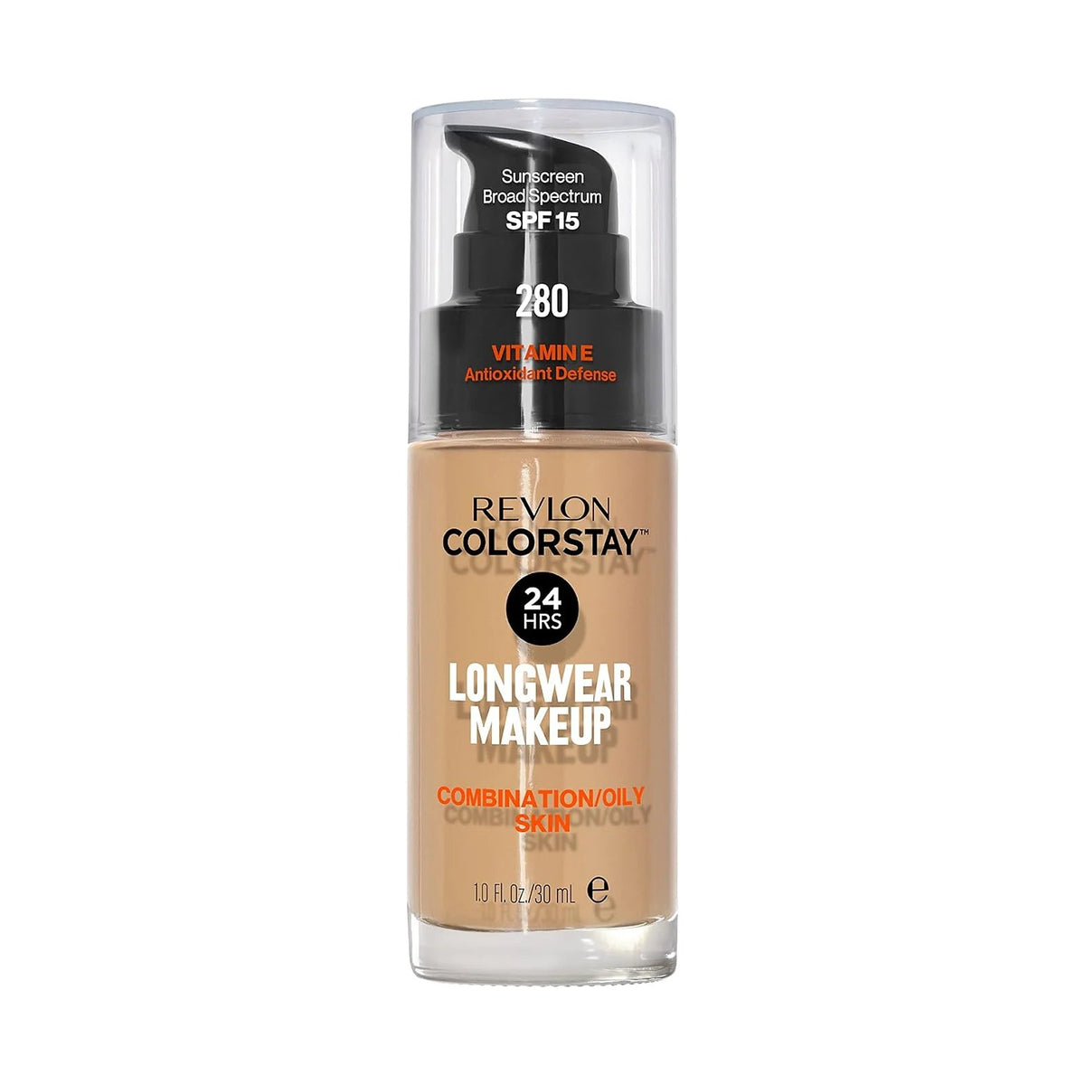 Fond de teint Revlon ColorStay peau mixte à grasse 30 ml, teinte 280 Tawny, sur fond blanc