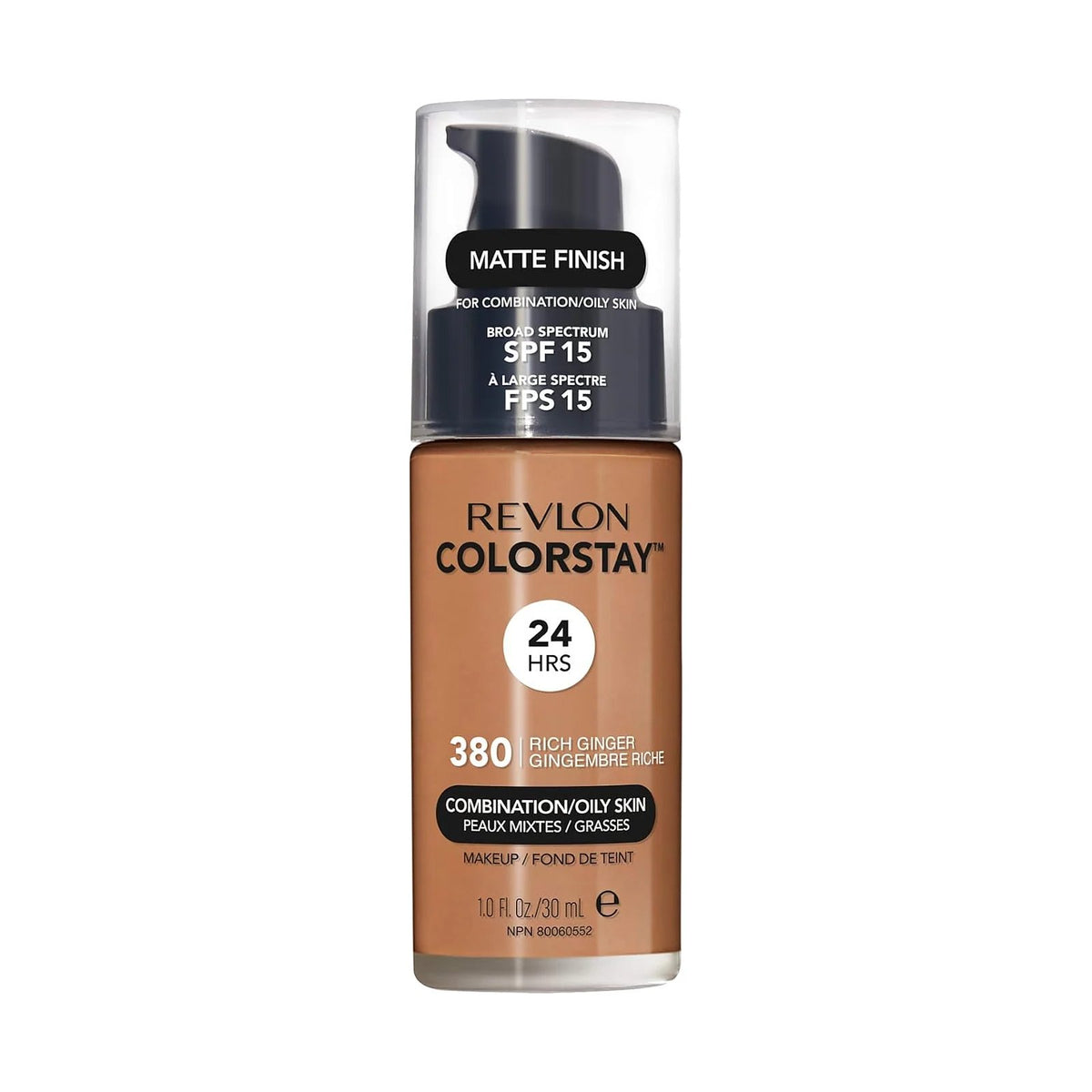 Fond de teint Revlon ColorStay peau mixte à grasse 30 ml, teinte 380 Rich Ginger, sur fond blanc