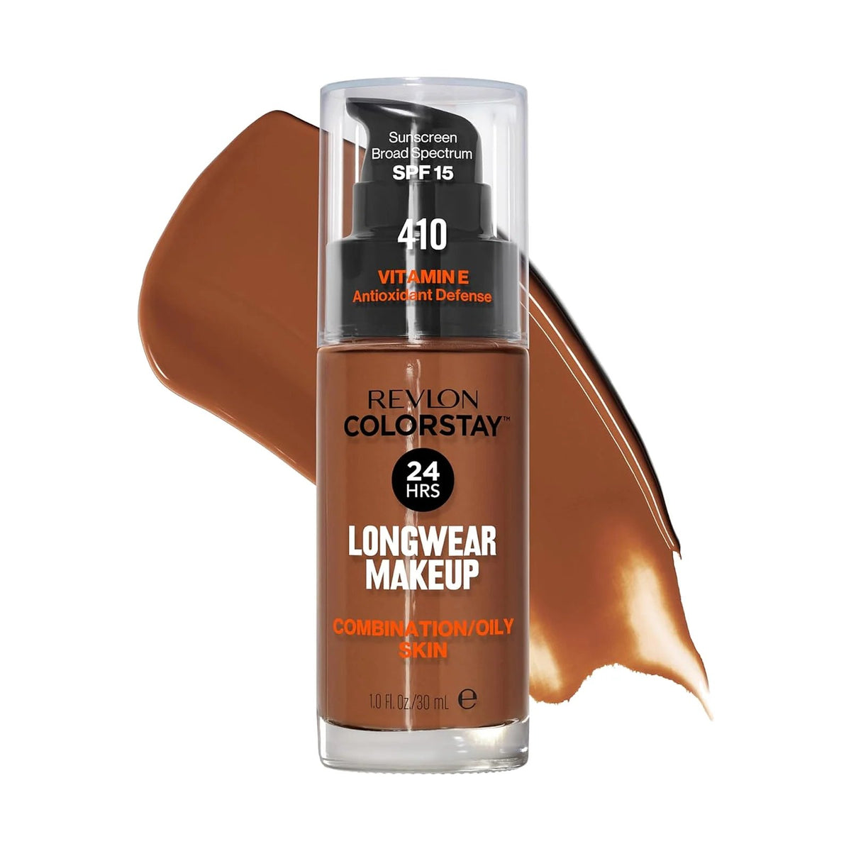 Fond de teint Revlon ColorStay peau mixte à grasse 30 ml, teinte 410 Cappuccino, sur fond blanc