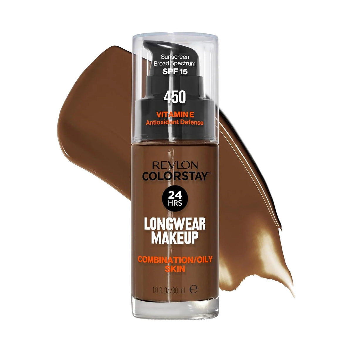 Fond de teint Revlon ColorStay peau mixte à grasse 30 ml, teinte 450 Mocha, sur fond blanc