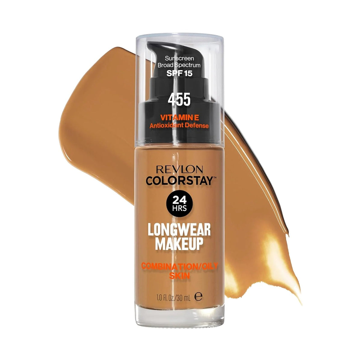 Fond de teint Revlon ColorStay peau mixte à grasse 30 ml, teinte 455 Honey Beige, sur fond blanc