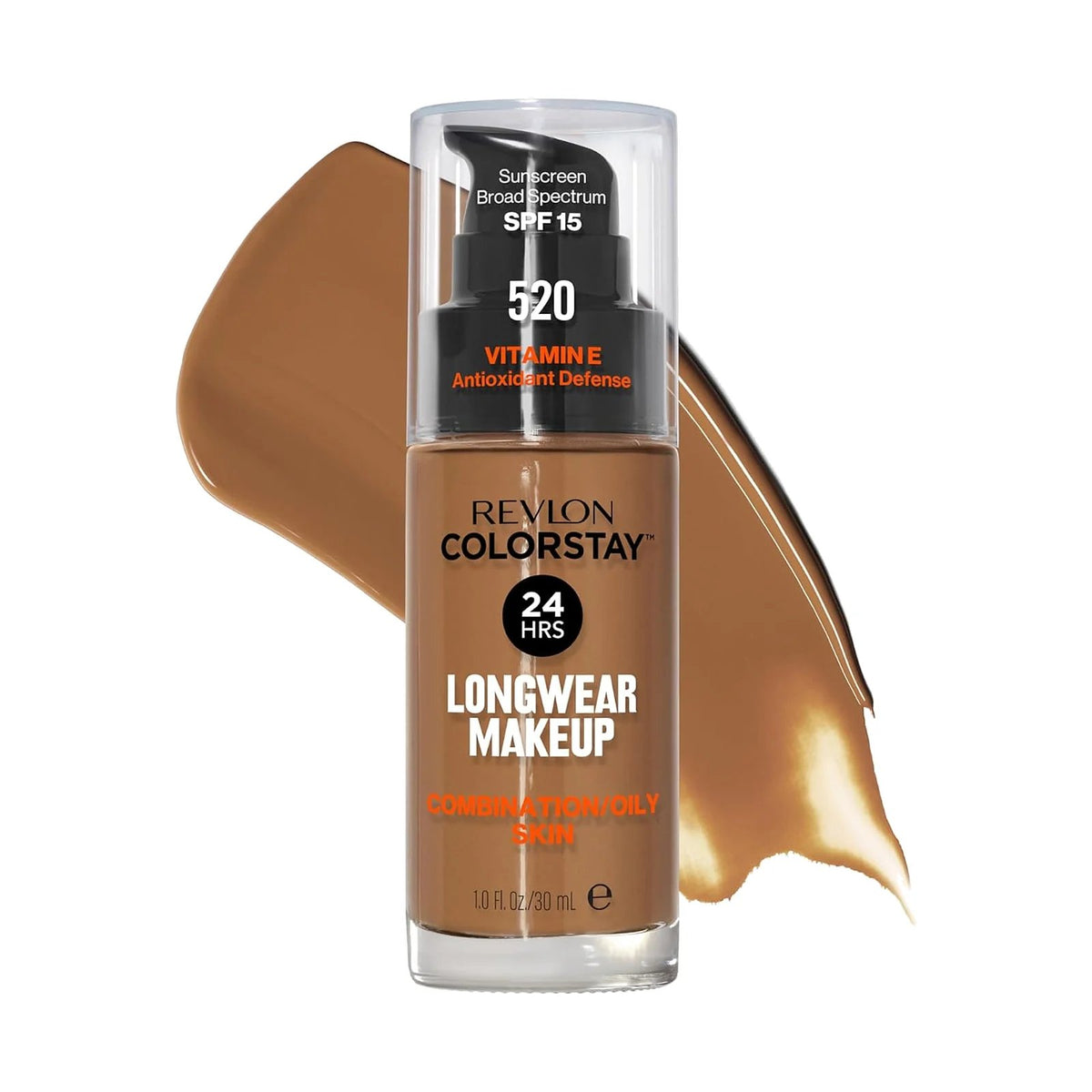 Fond de teint Revlon ColorStay peau mixte à grasse 30 ml, teinte 520 Cocoa, sur fond blanc
