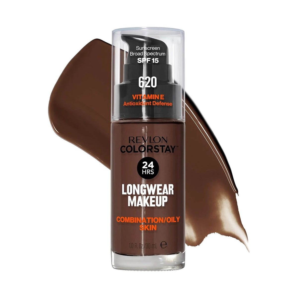 Fond de teint Revlon ColorStay peau mixte à grasse 30 ml, teinte 620 Java, sur fond blanc