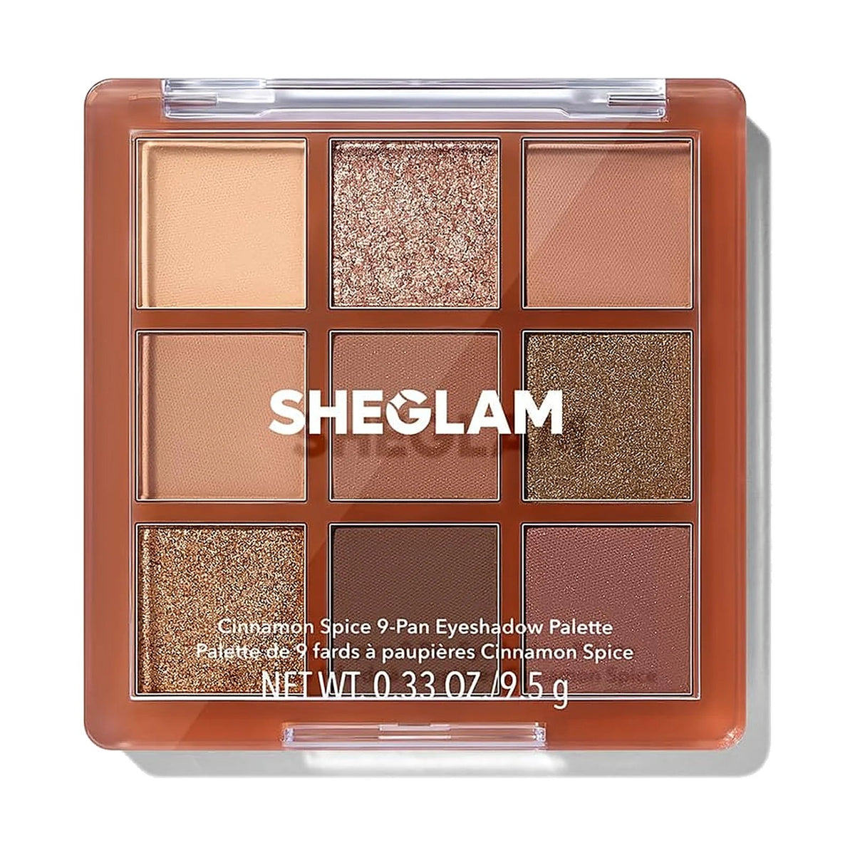Palette de 9 fards SHEGLAM ouverte, teinte Cinnamon Spice, sur fond blanc