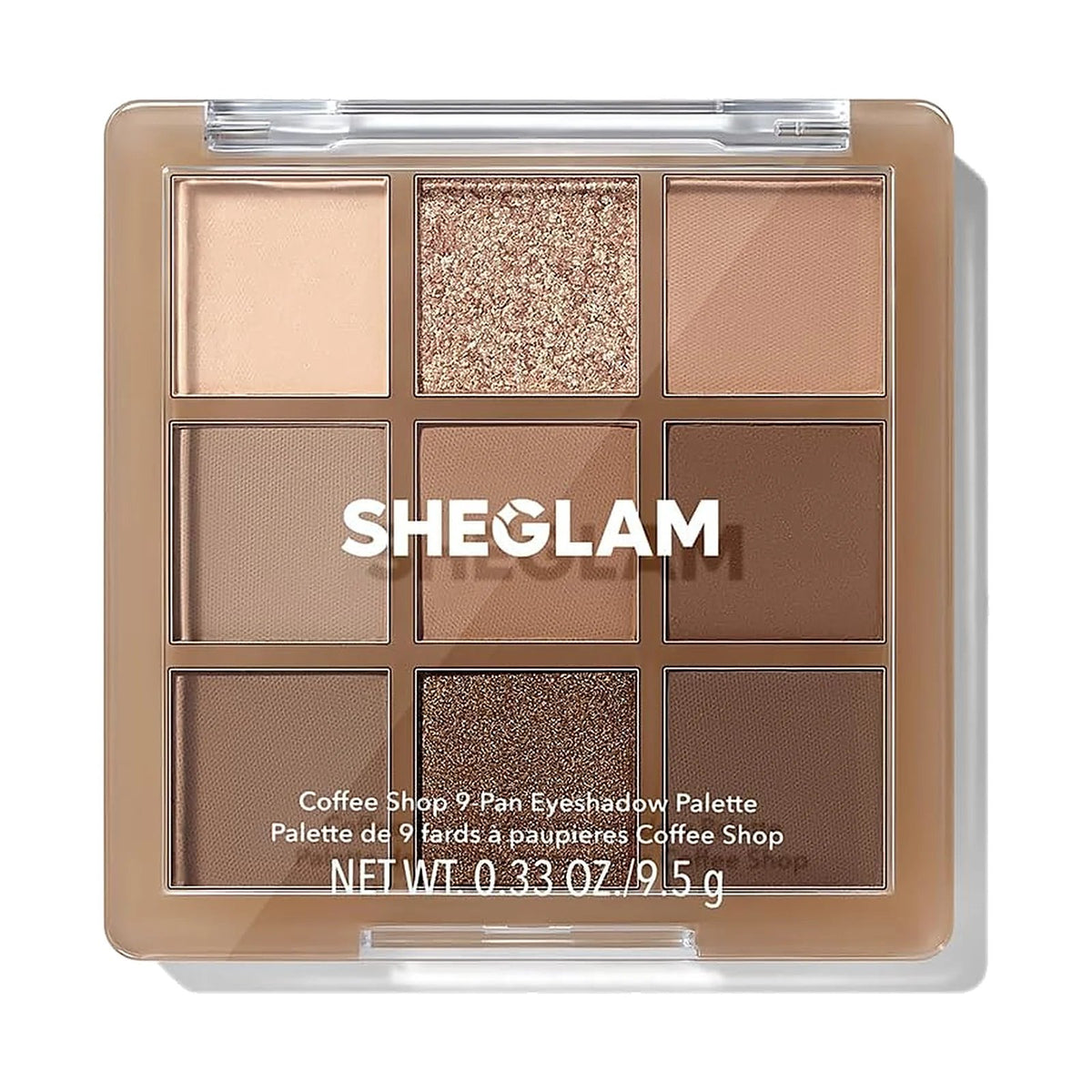 Palette de 9 fards SHEGLAM ouverte, teinte Coffee Shop, sur fond blanc