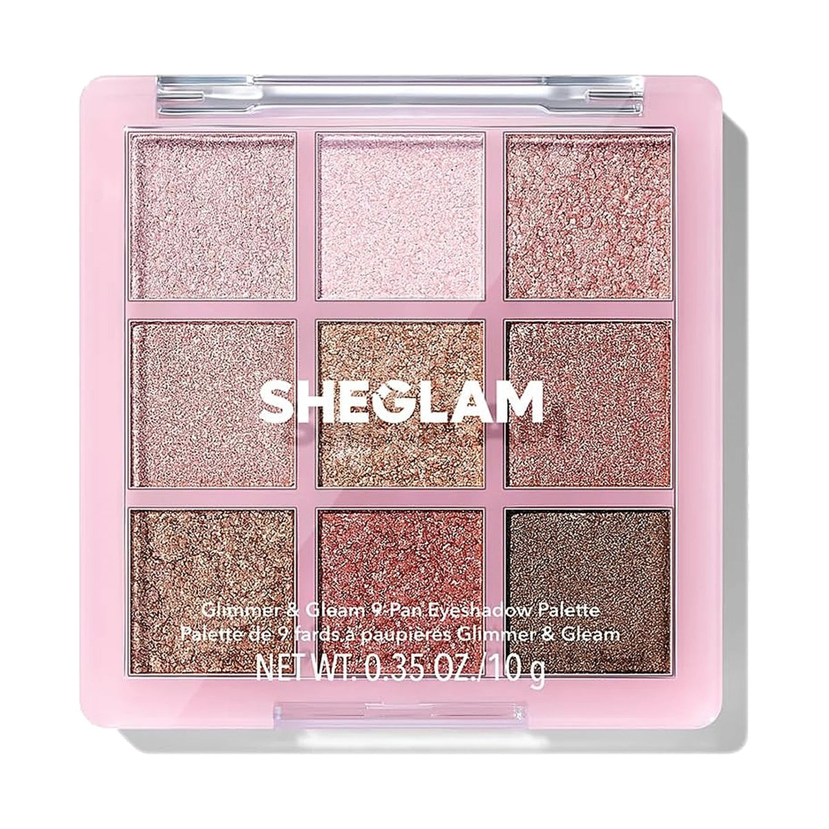 Palette de 9 fards SHEGLAM ouverte, teinte Glimmer & Gleams, sur fond blanc