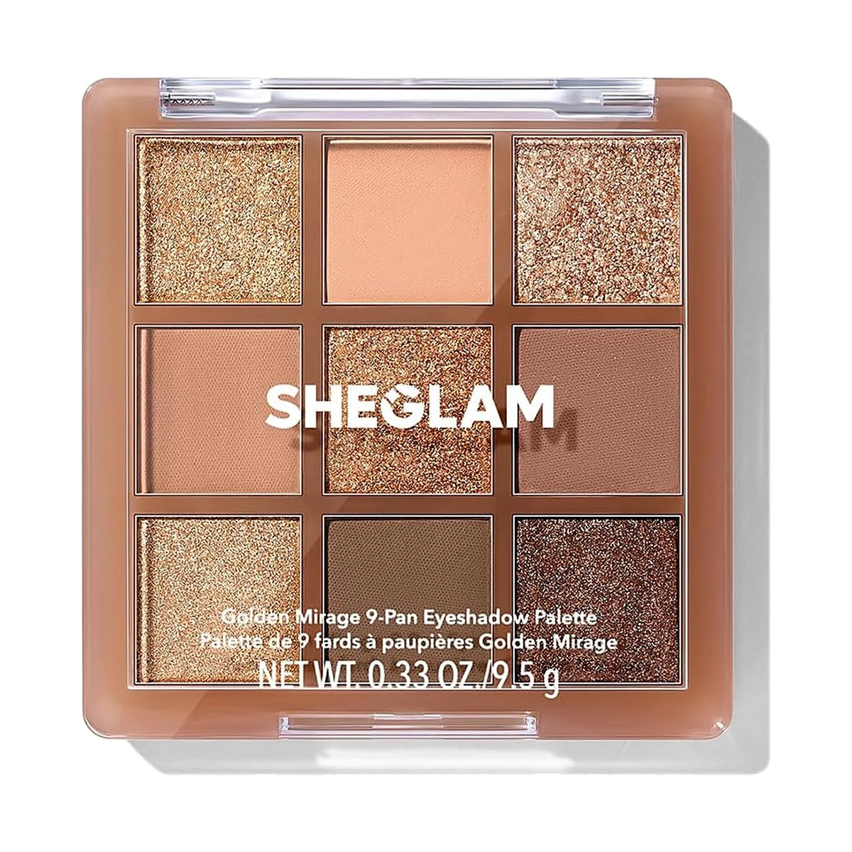 Palette de 9 fards SHEGLAM ouverte, teinte Golden Mirage, sur fond blanc