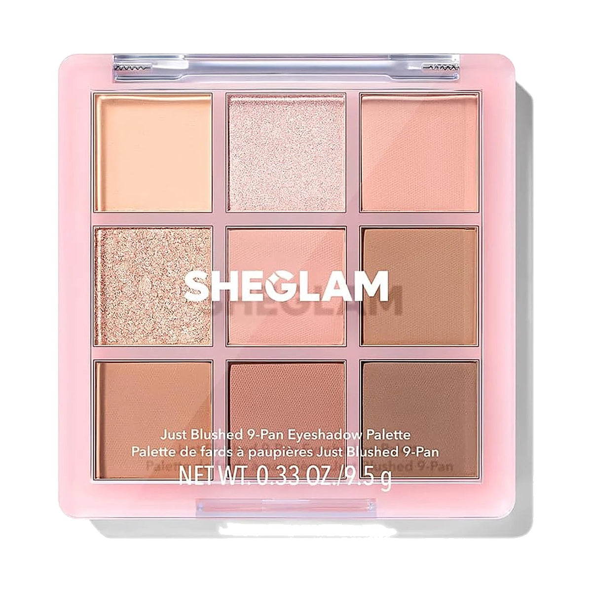 Palette de 9 fards SHEGLAM ouverte, teinte Just Blushed, sur fond blanc