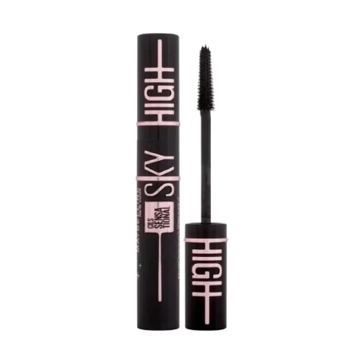 Maybelline Sky High Mascara, tube de mascara, vu de face sur fond neutre, emballage et étiquette visibles