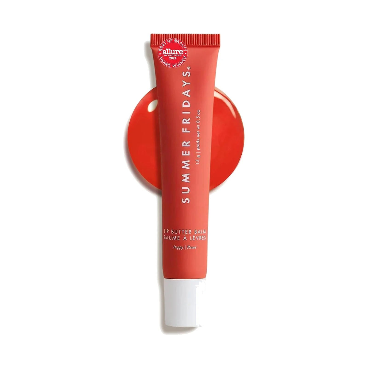 Baume à lèvres Summer Fridays Lip Butter Balm 15 g, teinte Coral Poppy, sur fond blanc