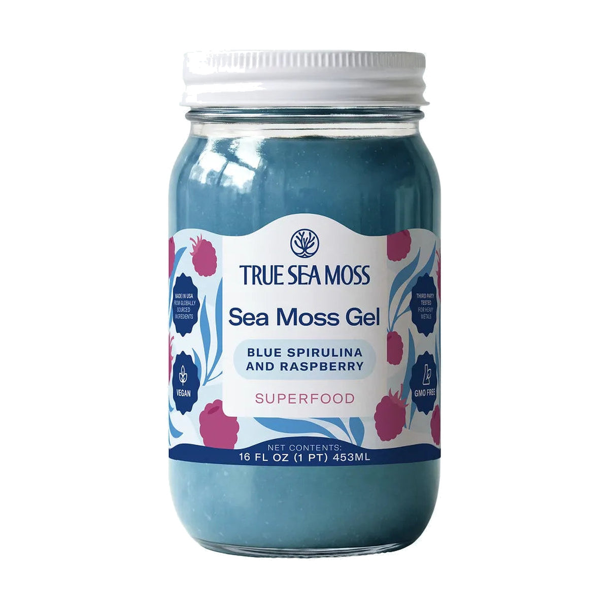 True Sea Moss gel de sea moss, bocal de 453 ml · Spiruline bleue et framboise