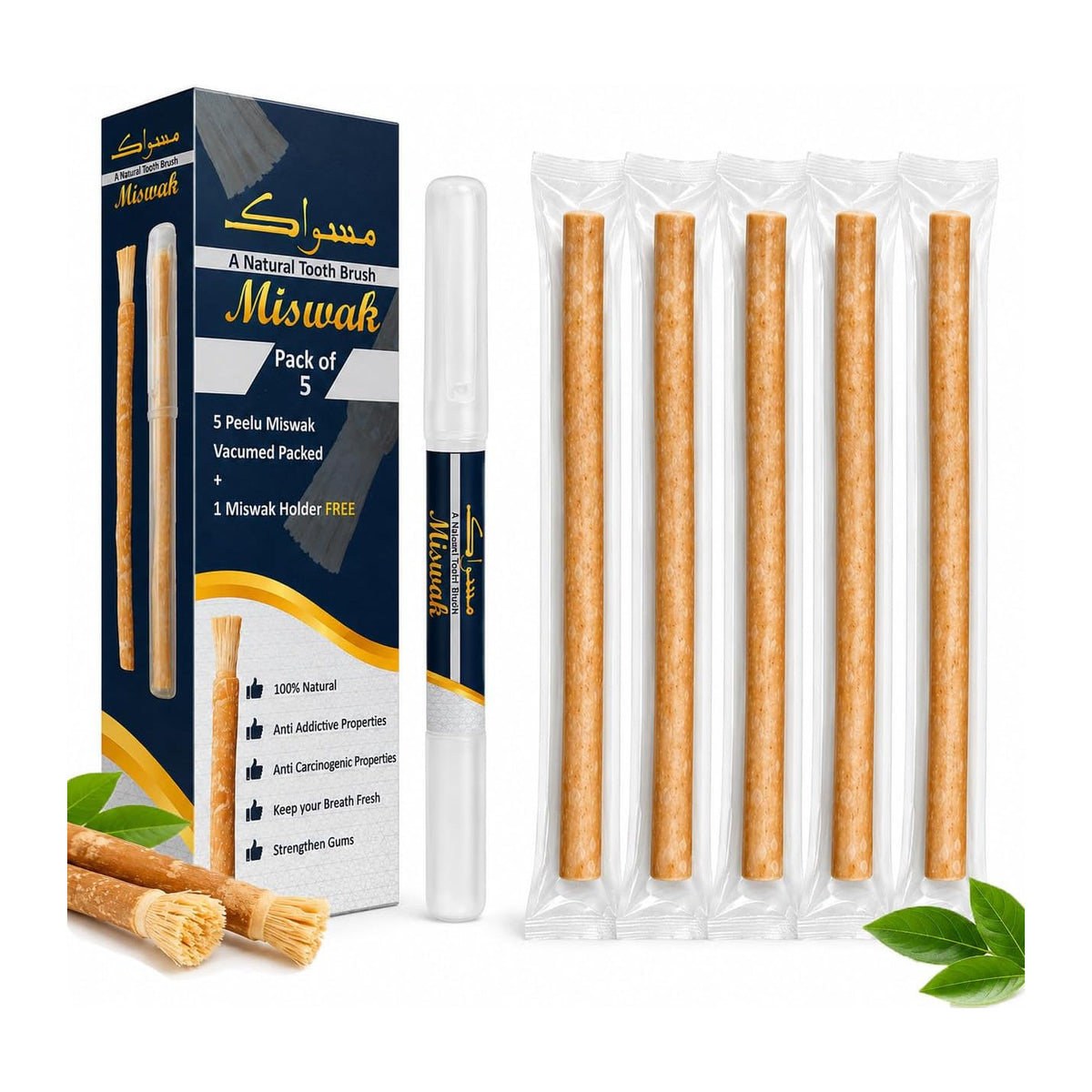 Siwak miswak naturel, 5 bâtonnets avec étui