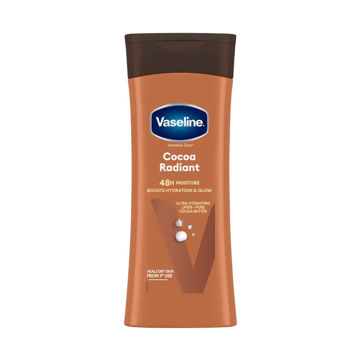 Flacon de lotion corps Vaseline Intensive Care Cocoa Radiant de 400 ml au beurre de cacao, photo